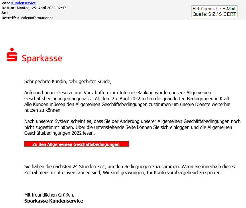 Screenshot gefälschte E-Mail im Namen der Sparkasse: Phishing!